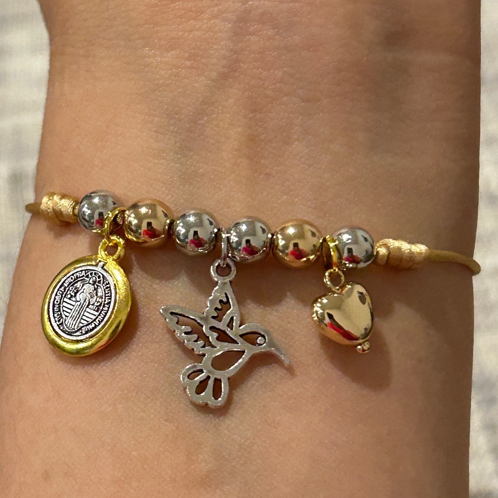 Hummingbird/Saint Benedict Charm Bracelet with Heart